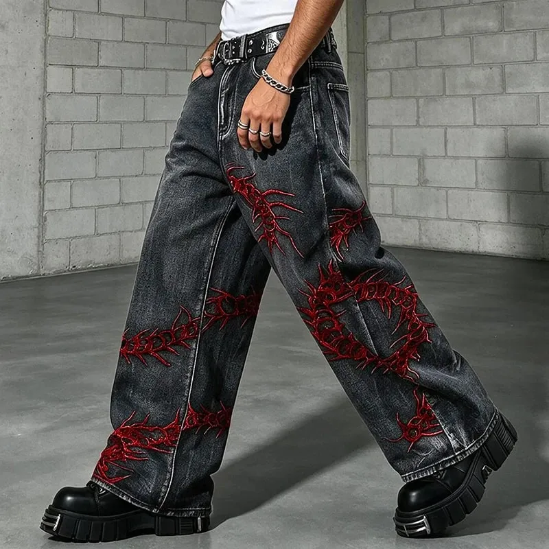 European and American style heavy industry thorn red embroidered jeans men's washed black personalized street trousers