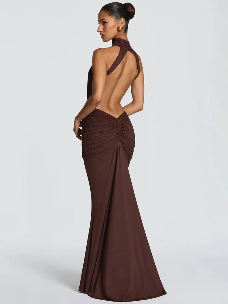 Mozision Turtleneck Backless Sexy Maxi Dress Women Gown Elegant Off-shoulder Sleeveless Ruched Bodycon Club Party Long Dress