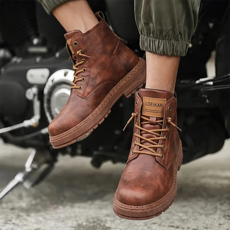 Mænd High-top Casual Støvler Kunstlæder Snørebånd Tykke skridsikre bloksål Syet detalje til Urban Street daglig udflugt