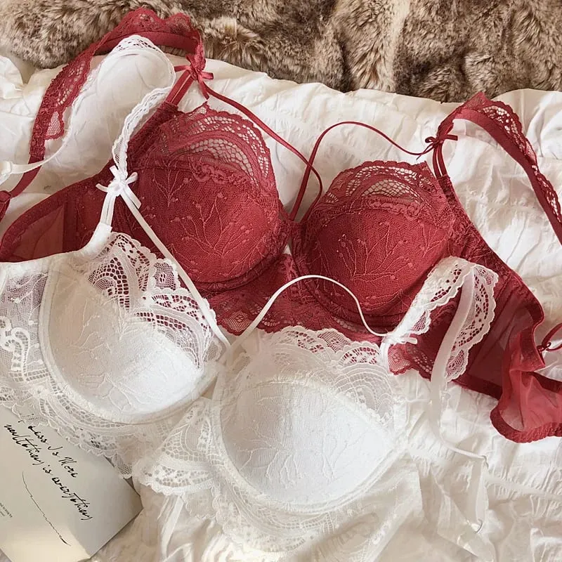 Lace ultra-thin big breasts bra with panties women sexy push up lingerie anti-sagging gathered laides underwear set