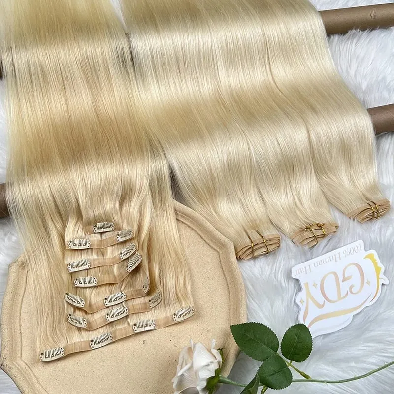 Straight #613 Blonde Color Invisible Clip in Hair Extensions PU Seamless Double Weft Clip Ins 100% Raw Virgin Human Hair 100g