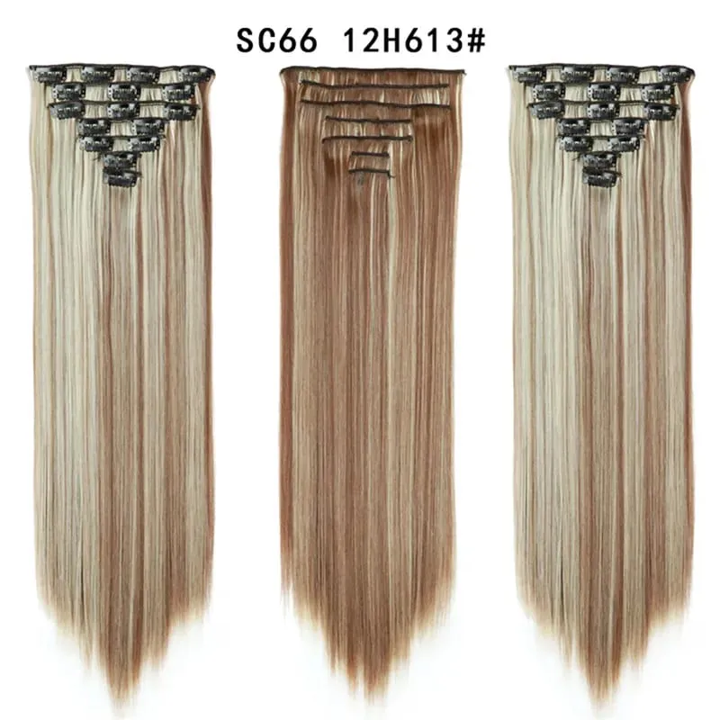 Clip in Hair Extensions 22 Inch Brown Mix Blonde Long Hair Extensions Clip Ins 7PCS Soft Synthetic Hairpieces for Women