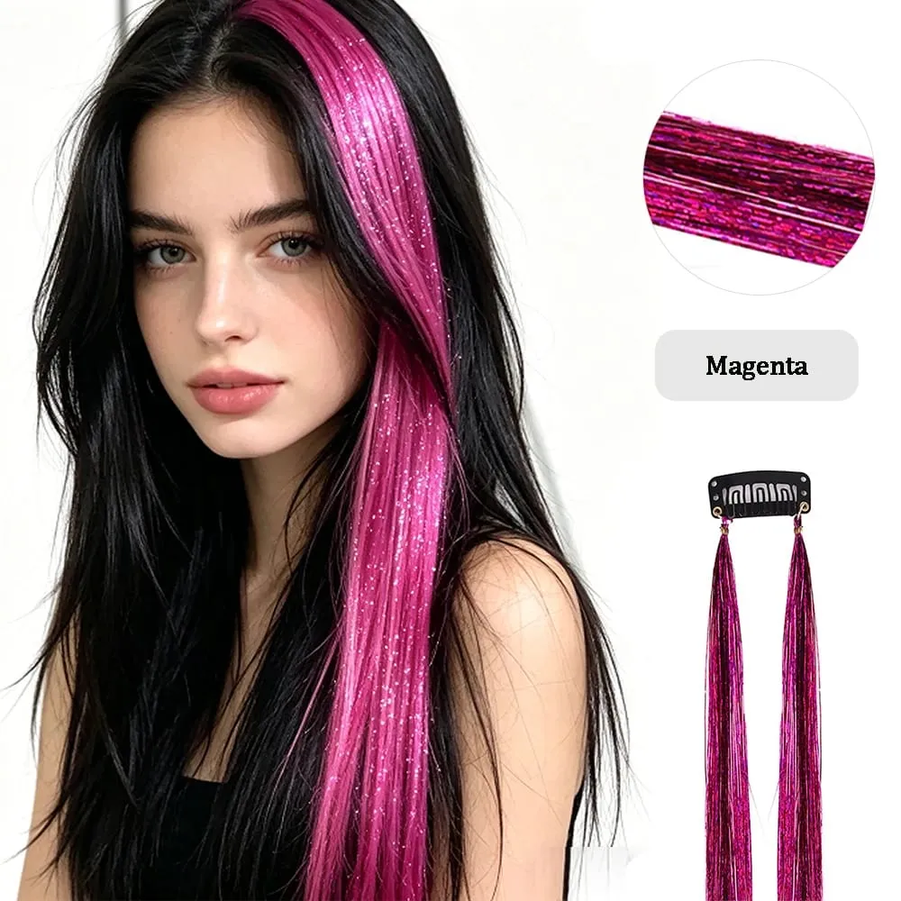 Multi-color Laser Wire Hair Extensions Shiny Tinsel Clip-in Hair Pieces Glitter Colored Hair Strands for Daily & Party Hairstyle