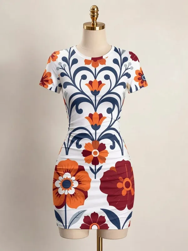 Womens Short Sleeve Bodycon Mini Dress Slim Fit Crew Neck Floral Print Casual Summer Party Cute Comfy Vacation Vacation Sundress