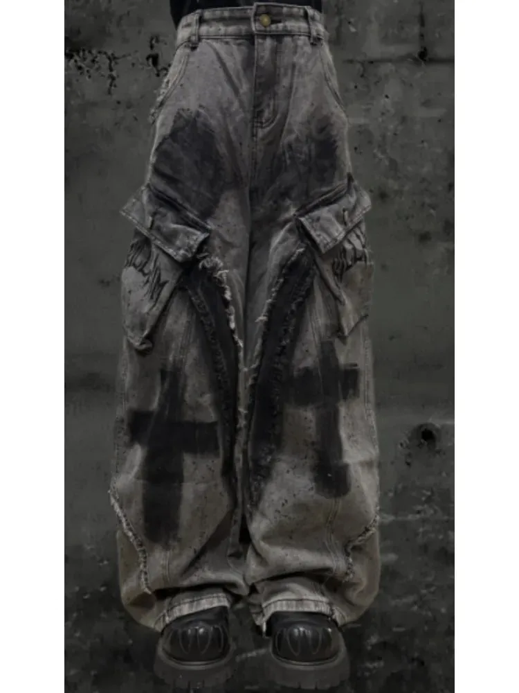Unsiex Gothic Punk Jeans 2026 Distressed Splash Ink Jeans For Women Men Y2K Graffiti Wide Leg Pants Loose Fit Washed Denim