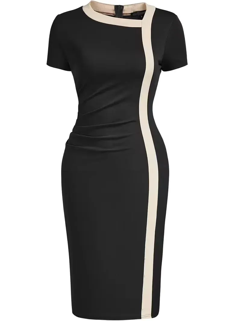 Women Elegant Color Block Asymmetrical Square Neck Short Sleeve Business Casual Work Knee Length Bodycon Pencil Dress