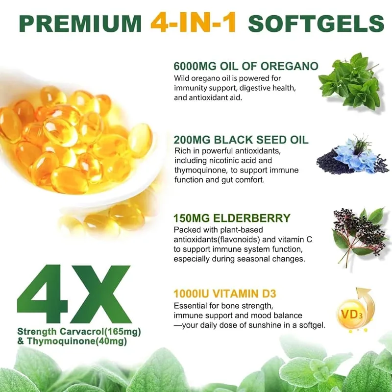Oregano Oil + With Black Seed Oil & Elderberry + Vitamin D3 Supports Antioxidant & Skin Health Antibacterial & Immune System