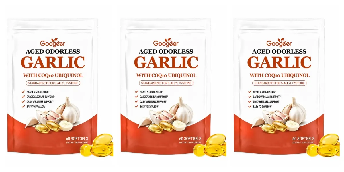 Aged Odorless Garlic Softgels with CoQ10 Ubiquinol & K2 Blood Pressure Heart & Circulation Support Cholesterol 60 Softgels