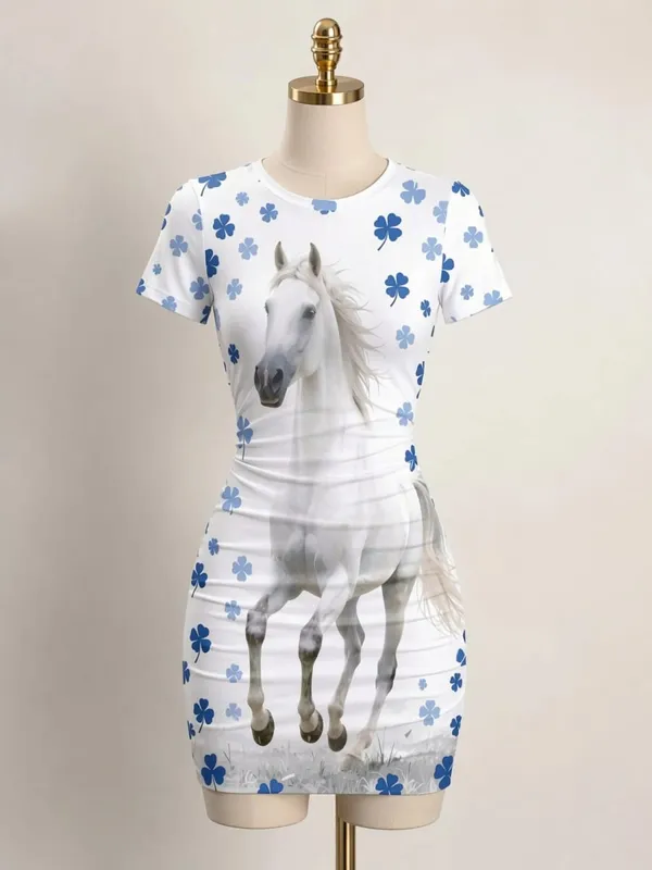 Womens Short Sleeve Bodycon Mini Dress Slim Fit Crew Neck Floral Print Casual Summer Party Cute Elegant Travel Vacation Sundress