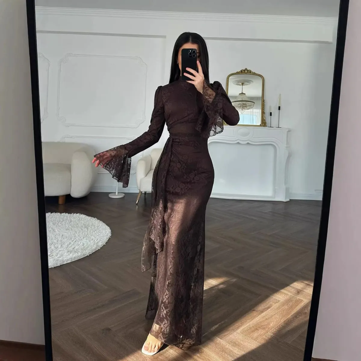 Women Lace Fitted Dresses Solid Evening Dress H Line Ankle Lenth Bell Sleeve Waist Cinch Slim Fit Party Sexy Elegant 2026 Summer