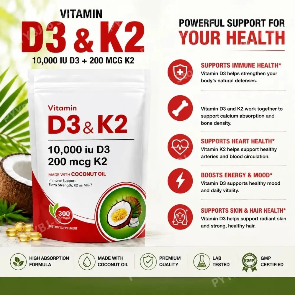 Vitamin D3 K2 Supplement 10 000 IU D3 200mcg K2 MK7 with Coconut Oil High Absorption Softgels for Bone & Immune Support 300Count