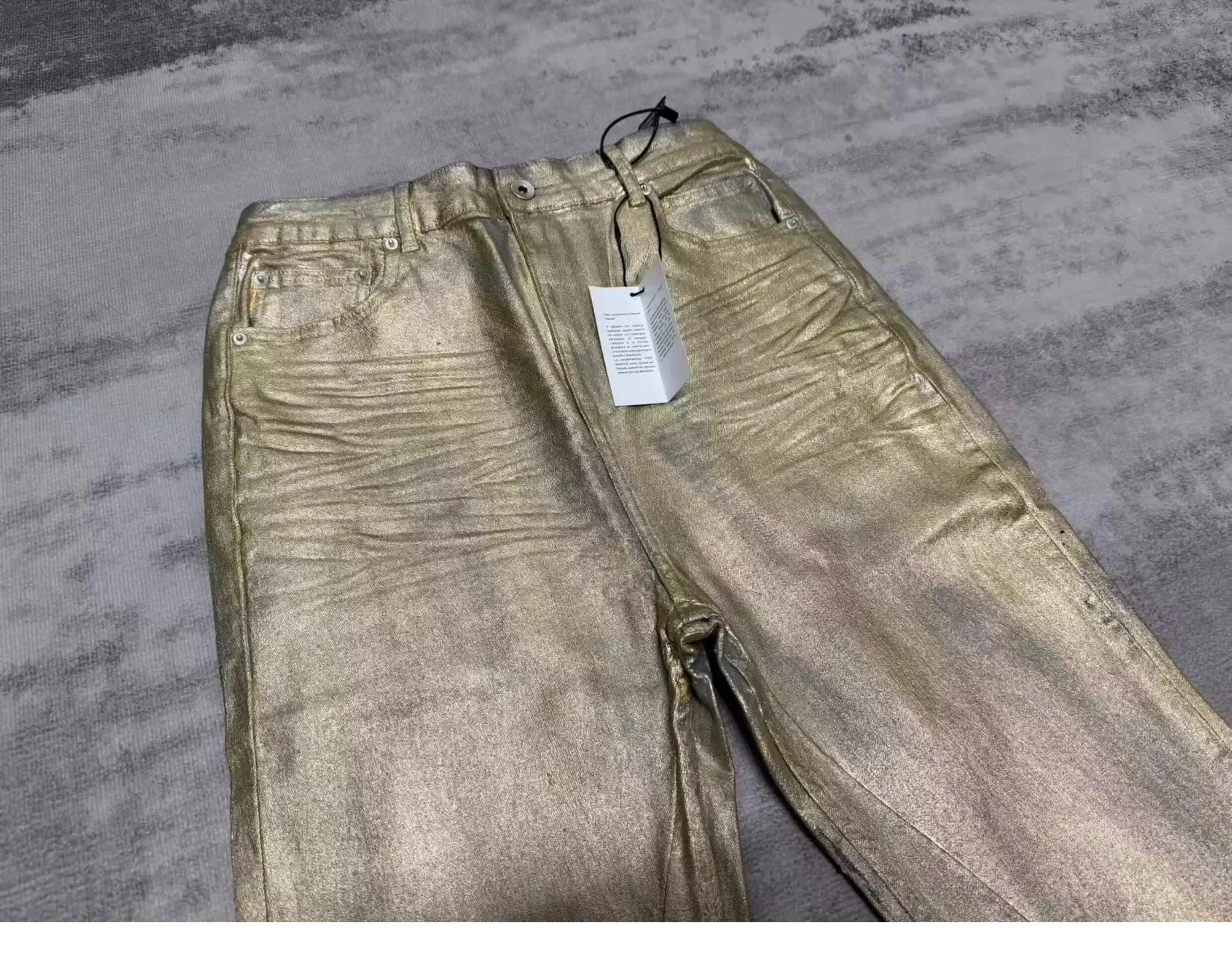 High Street RO Wind Pant Men Heavy Industry Coating Gold Brushed Three Dimensional Floor Pulling Horn Jeans Gold Plated Pants