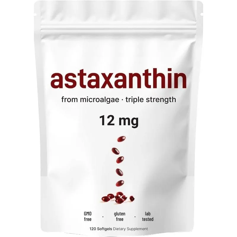 Astaxanthin 12mg with Fresh Microalgae Source Daily Nutritional Support Antioxidant Supplement 120 Softgels