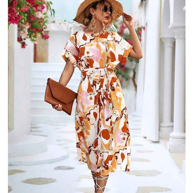 Women Long printed Dress with sashes Fashion Slim Chiffon O-neck A-line Loose Dress Elegant female holidays beach dresses