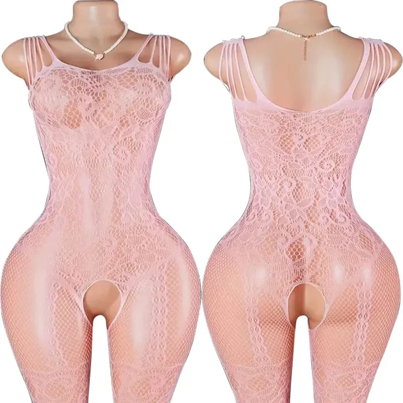 Black Fishnet Off-Shoulder Open-Crotch Bodystocking Lingerie Set Sexy Crotchless Teddy Bra Women's Erotic Underwear
