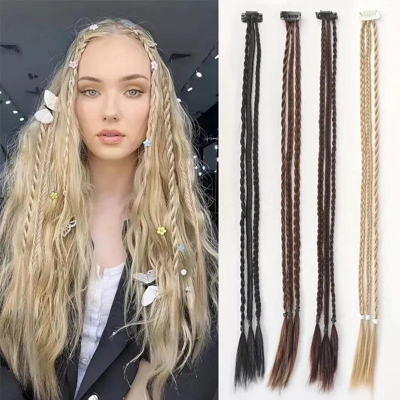 1Pc Clip in Braid Hair Extensions Wig 22inch Synthetic Braided Hairpiece 3 Braids on One Clip for Women Daily Costume Party Use