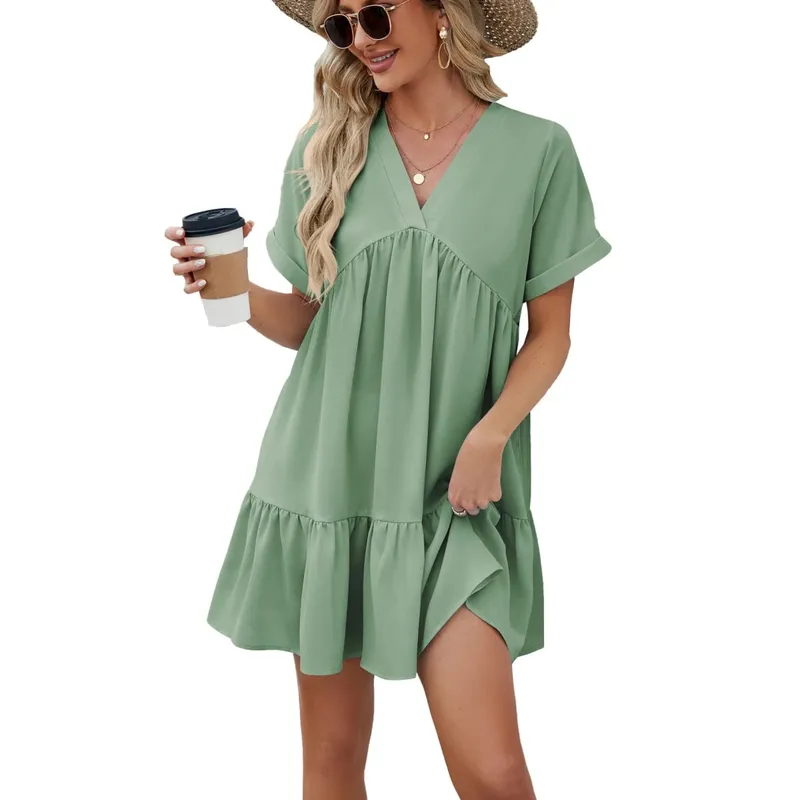 Summer White Dress V Neck Short Sleeve Loose Fit Dresses Pleated Midi A Line Pastel Pink Women's Casual Summer Woman Clothing