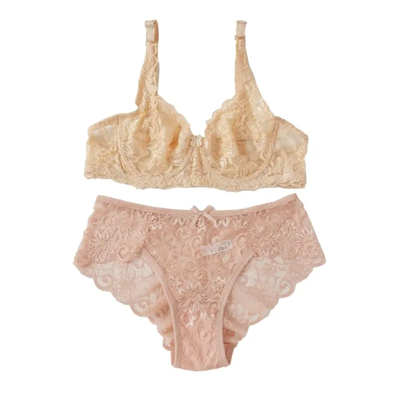 Sexy Lace Bra Set Women Push Up Non-pad Breathable Underwire Thin Solid Panties Underwear Exquisite Lingerie Daily