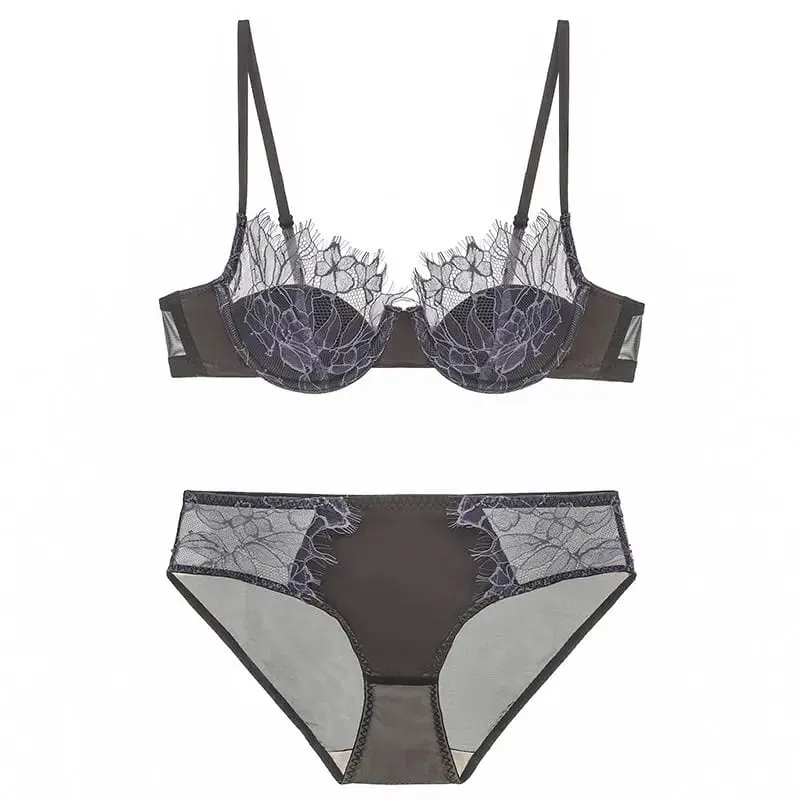 French Eyelash Lace Sexy Hollow Underwear Women's Soft Steel Rim Thin Gather Up Support Women's Bra Bra Set s-xl