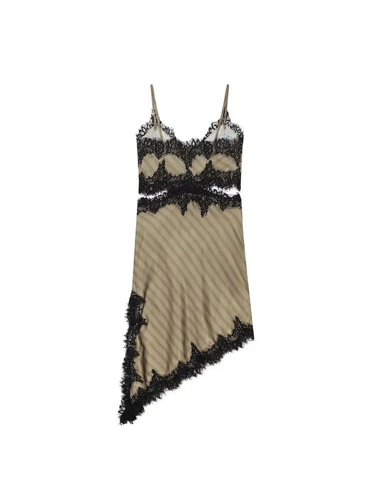 2026 New Women's Lace Trim Cut Out Dress Sleeveless Asymmetric Hem Long Sling Dress Lady Fashion Elegant Party Streetwear