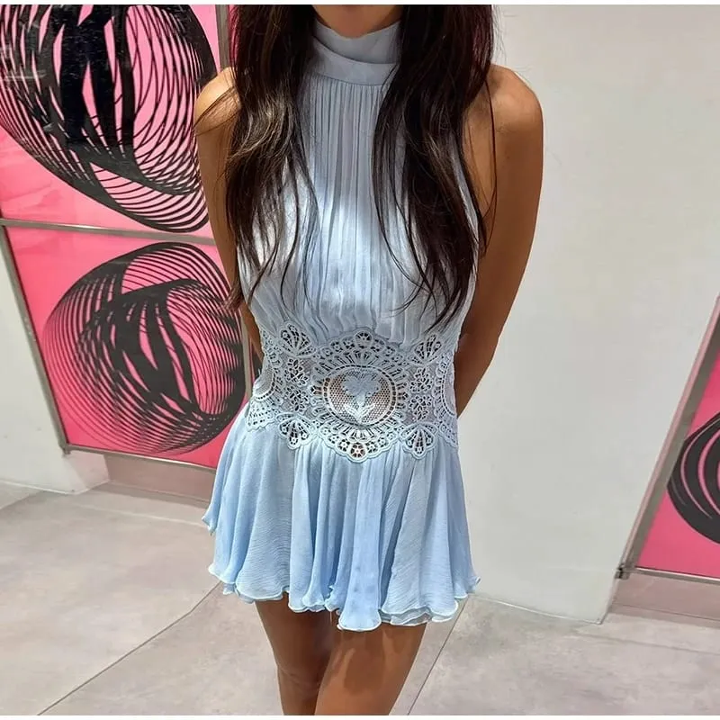 Halter Neck Ribbed Knit Lace Waist Cutout Back Skater Mini Dress Sleeveless Contrast Lace 2026 Summer Women Party Mini Dress