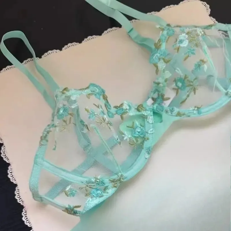 French Sheer Floral Lingerie Set Ultra Thin Sexy See Through Bralette with Soft Underwire & Women Large Bust Support S-XL MOYISU