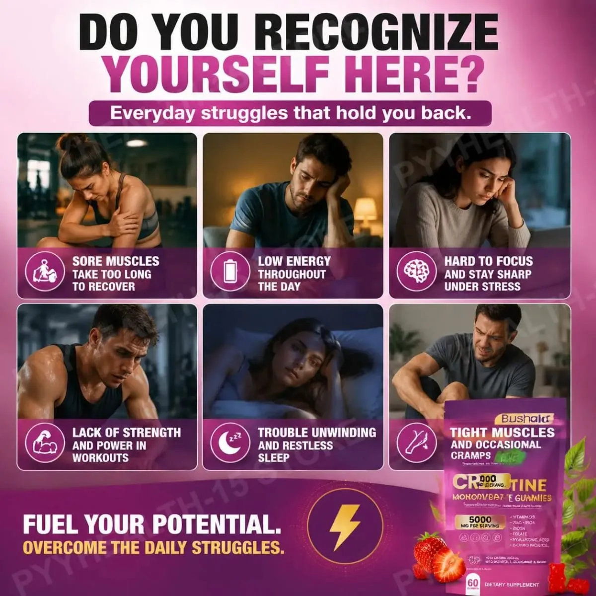BushAid Creatine Monohydrate Gummies for Post-Workout Muscle Recovery with Multi-Collagen Blend BCAA and Zinc 60 Gummies