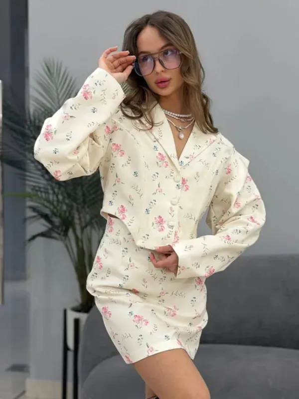 White Pink Floral Choker Neck Dress Women Elegant V-neck 3/4 Sleeves Peplum Ruffle Hem Long Dresses 2026 Lady Daily Vestidos New