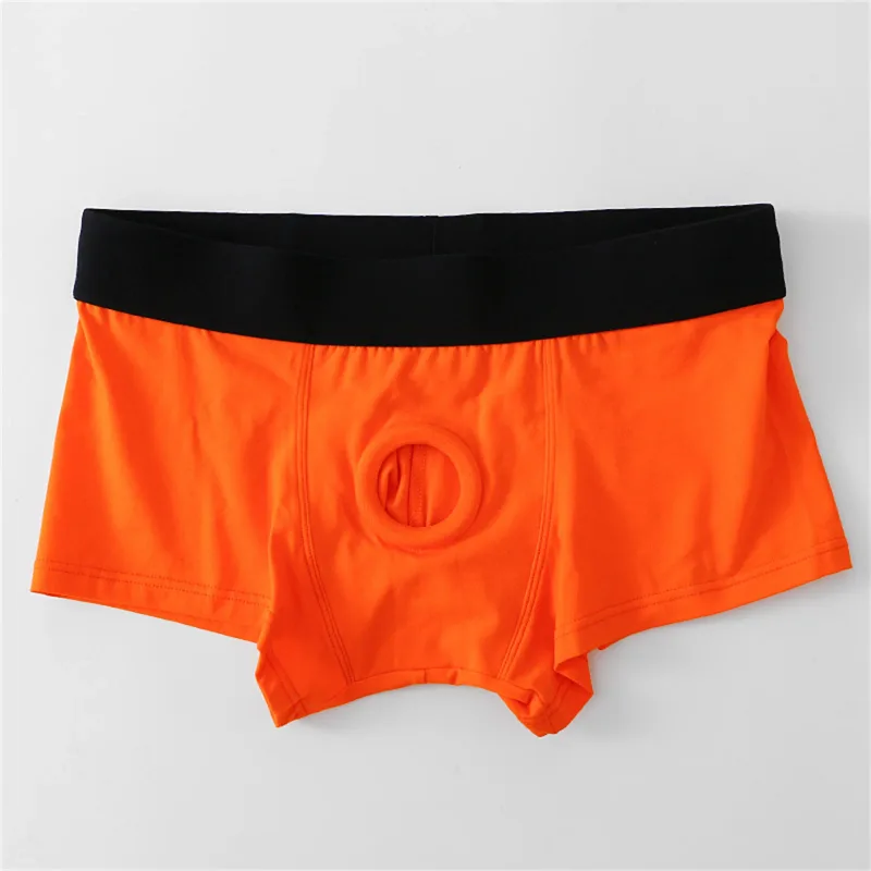남자 복서 전면 구멍 주머니 속옷 실리콘 Cockring 섹시한 Boxershorts 넓은 허리띠 코튼 속옷 속이 빈 란제리