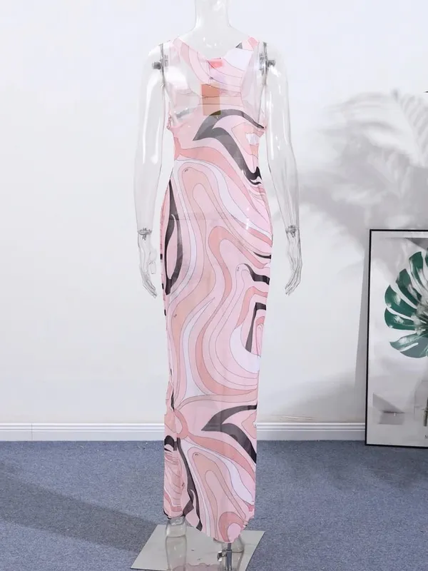 Elegant Print Mesh Long Dress For Women Sexy Deep O-neck Sleeveless Perspective Maxi Dress Lady Summer Chic Beach Robes