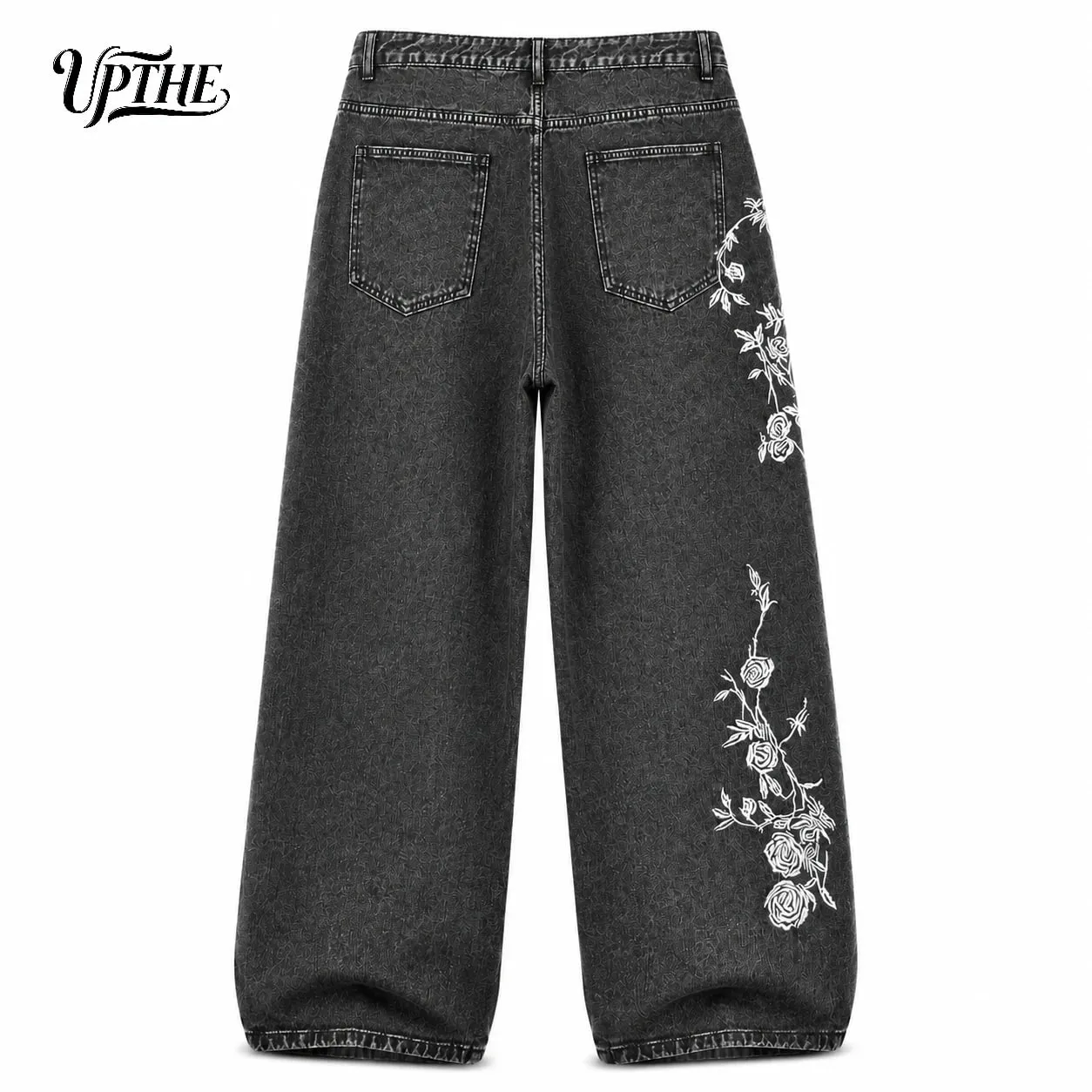UP.THE Men Vintage Washed Black Baggy Wide Leg Jeans Y2K Oversized Loose White Rose Vine Embroidery Denim Pants Gothic Grunge Streetwear Trousers for Daily Outfits