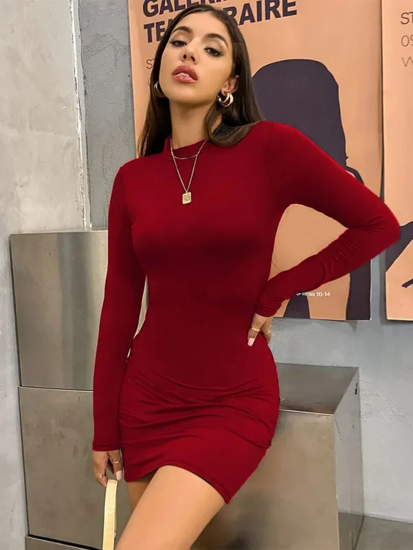Dài Tay Ôm Bodycon Mini Nữ Cao Cổ Xếp Ly Đảng Vải Xếp Ngắn Câu Lạc Bộ Buổi Tối Bộ Trang Phục Màu Trơn