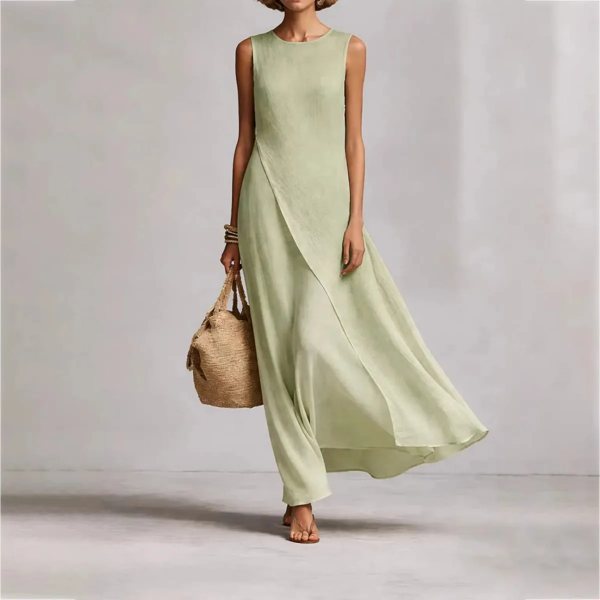 Womens New O Neck Loose Maxi Dress Casual Asymmetrical Hem Long Dresses Elegant Sleeveless Summer Beach Vacation Sundress Female
