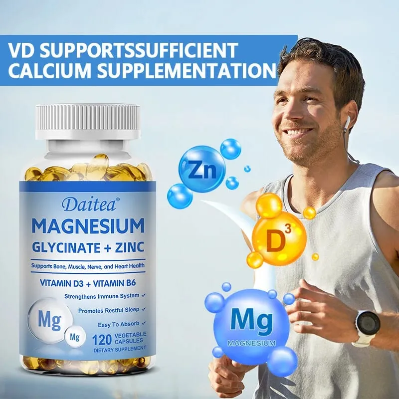 Daitea Magnesium Glycinate & Zink Kosttilskud - Knoglenerve-immunstøtte - Velegnet til mænd og kvinder