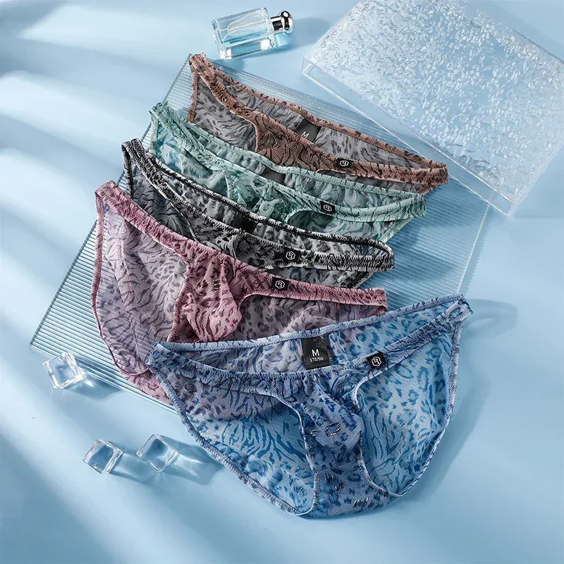 Men Leopard Printed Mesh Underwear Ice Silk Thin Breathable Low Waist Quick Dry Cool Summer Mens Briefs Panties
