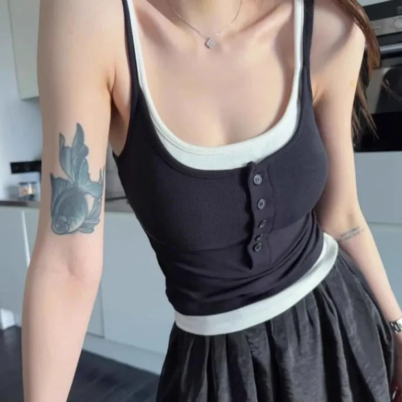 Spicy Girl Fake Two-piece Color Blocking Tank Top with Chest Pad Summer Spaghetti Strap Square Neck Button Casual Slim Fit Camis