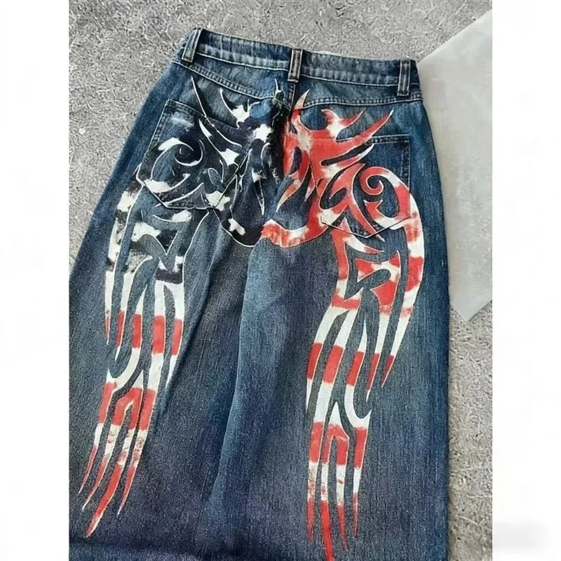 2026 new printed retro wide-leg casual slim trousers Hip-hop personality jeans Y2K women's dark fun graffiti floor-length pants