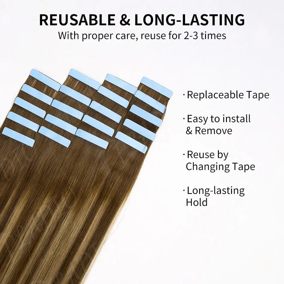 100% Human Hair Tape in Extensions 20Pcs 50g Remy Skin Weft Seamless Invisible Silky Straight Thick Ends for Wedding Women