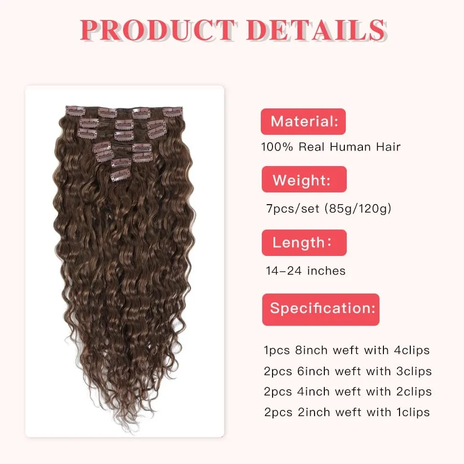 12A Curly Clip in Hair Extensions Brown Water Wave Real Remy Human Hair Clip in Extensions for Women Curly Clip Ins 7pcs 120g