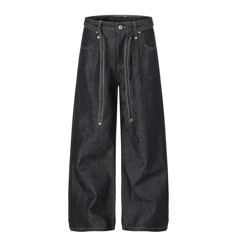 American-style Distressed Washed Jeans Visible Stitching Belt Unisex Loose-fitting Wide-leg Straight-leg Denim Pants 9X3768