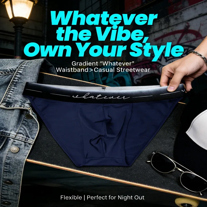 Men's Ice Silk Polyester Cheeky Briefs Ombre "Whatever" Slogan Waist Sporty Contour Fit Low-Rise Underpants Men Underwear Sexy