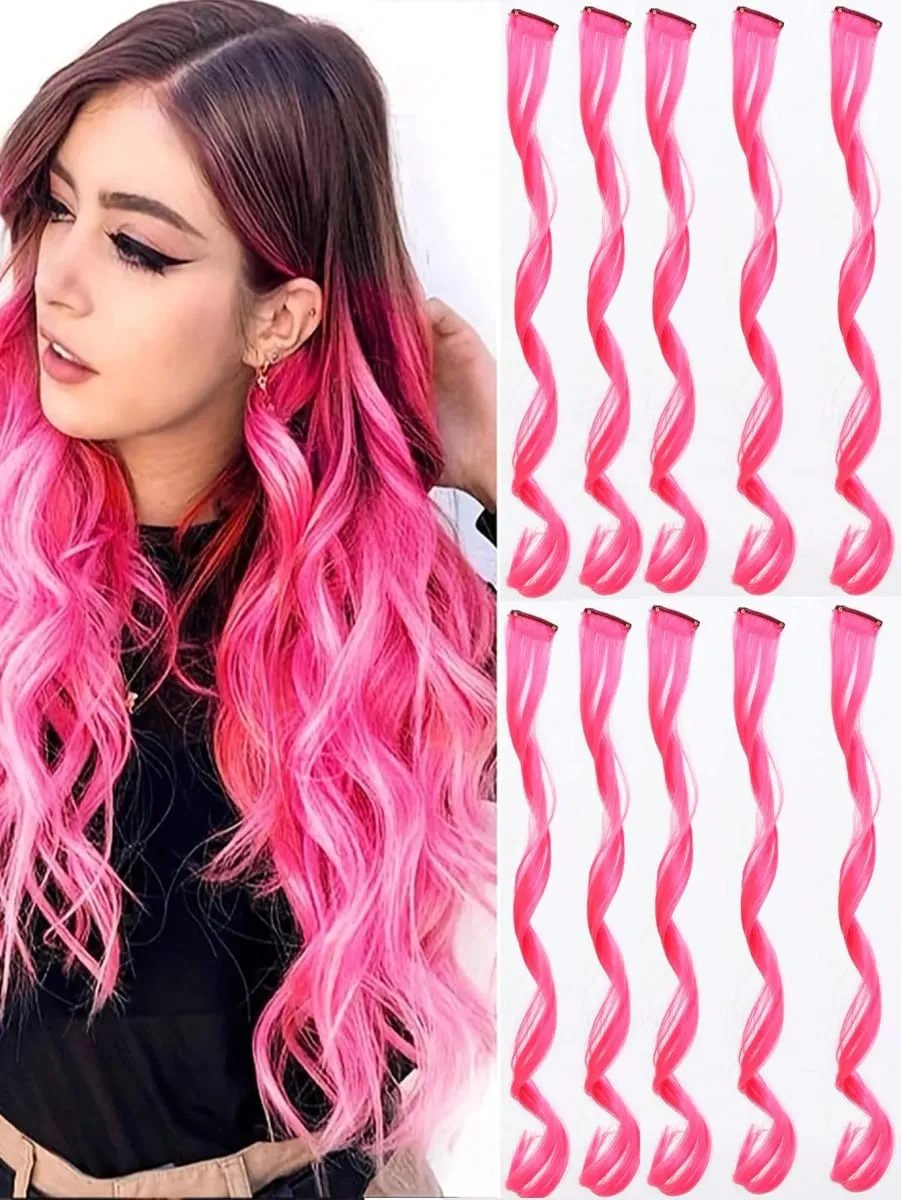 10pcs Colorful Hair Extensions Curly One Clip in Synthetic Long Hairpiece For Girls Women Multi-colors Party Highlights WigPiece