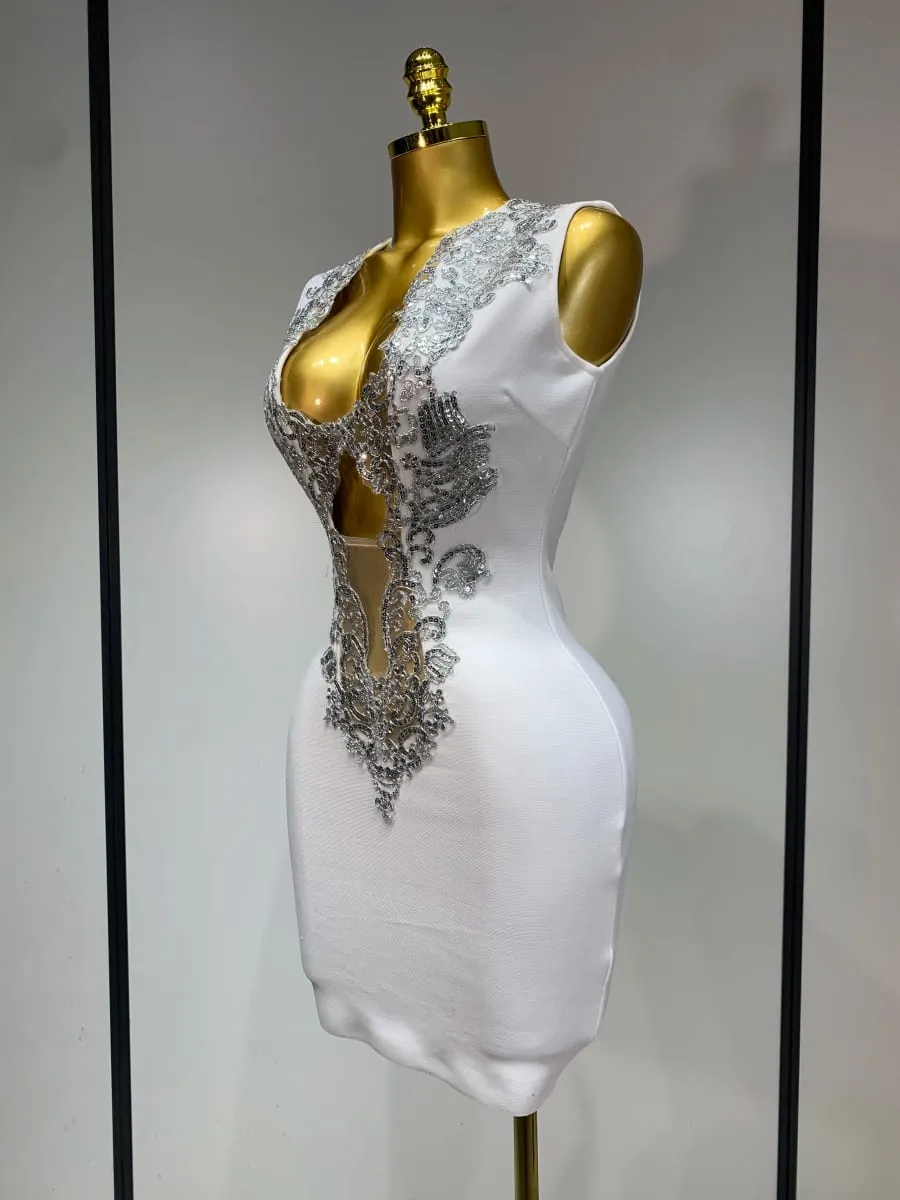 Frauen 2025 Sexy V-ausschnitt Cut Out Kurze Verband Kleid Silber Pailletten Weiß Elegante Luxus Geburtstag Party Club Hochzeit Vestidos