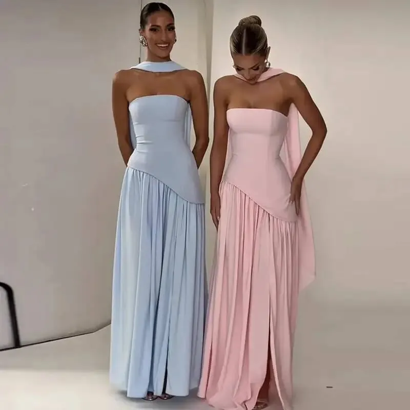 Giyu Sexy Evening Party Dresses Women 2025 Autumn Summer Maxi Long Dress Elegant Strapless Split Backless Pleated Dress