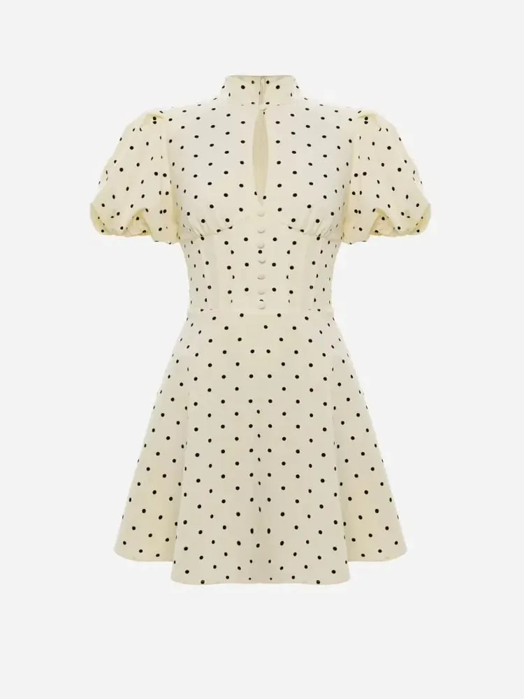 Women Retro Polka Dot Mini A-line Dress Elegant Stand Collar Puff Short Sleeve Waist-cinching Dresses Lady Party Robe 2026 New