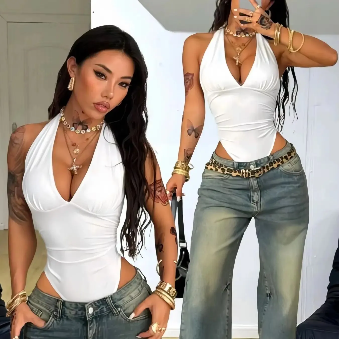 Women Halter Deep V Neck Ruched Slim Fit Sleeveless Bodysuit 2026 Summer Y2K Solid White Going Out Streetwear Jumpsuit Top