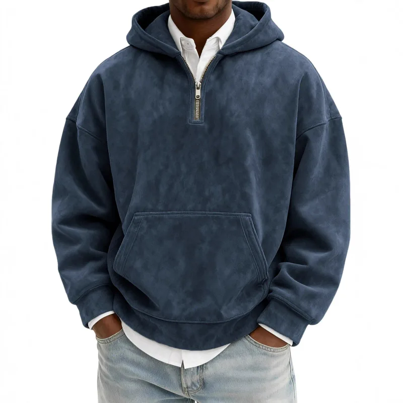 American New Fashion Men's Solid Color Half Zipper Long Sleeve Casual Trendy Daily Hooded Sweatshirts Male Hoodies Clothes Tops