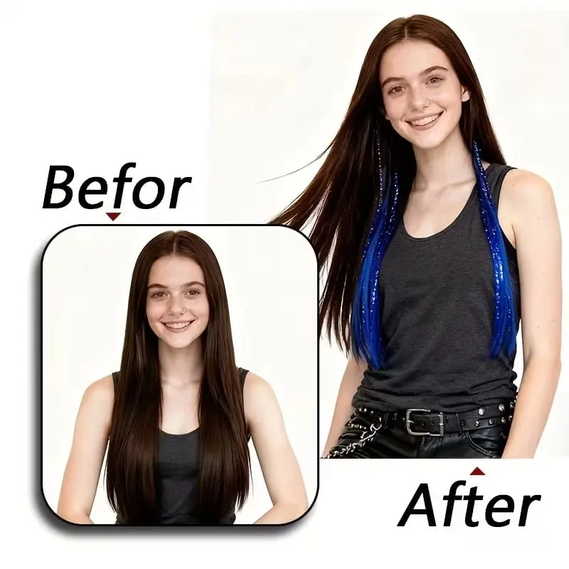 24Inch Laser Color Synthetic Hair Extensions BB Clip In Long Straight Rainbow Highlight Hairpieces Fashion Cosplay Accessories