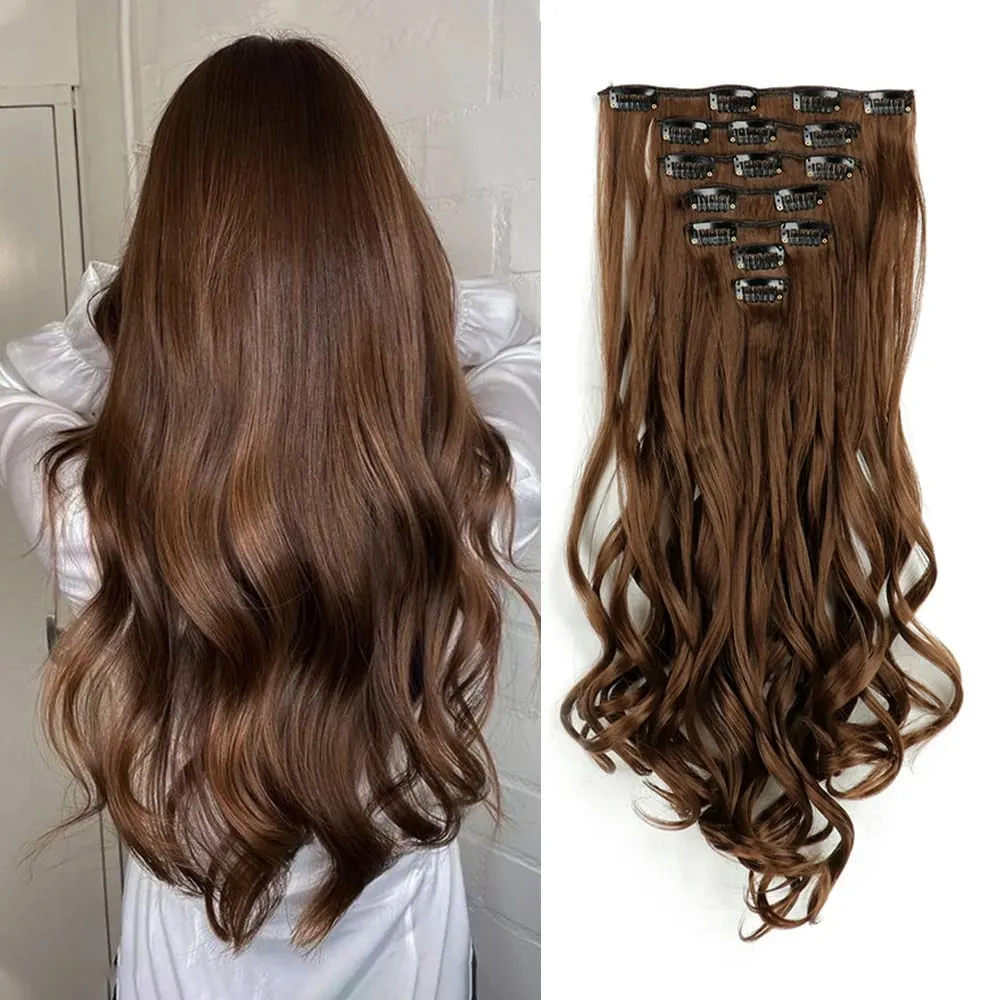 Synthetic 24Inch 16Clips Long Curly Hair Extension Heat Resistant Hair Extension Clips In Ombre Black Brown Blond Women
