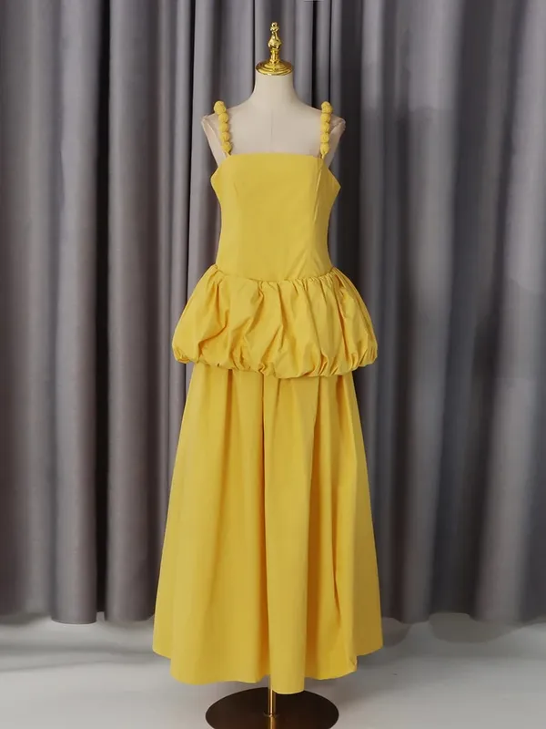 VGH Trend Yellow Maxi Dress Women Square Collar Sleeveless Folds Elegant Long Skirt for Club Evening Party Summer Fashion New